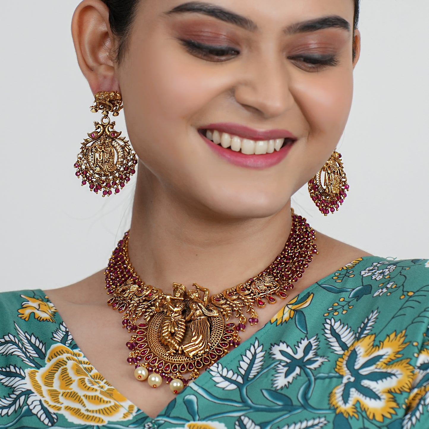 KESHAVI MAROON STONE TEMPLE JEWELLERY