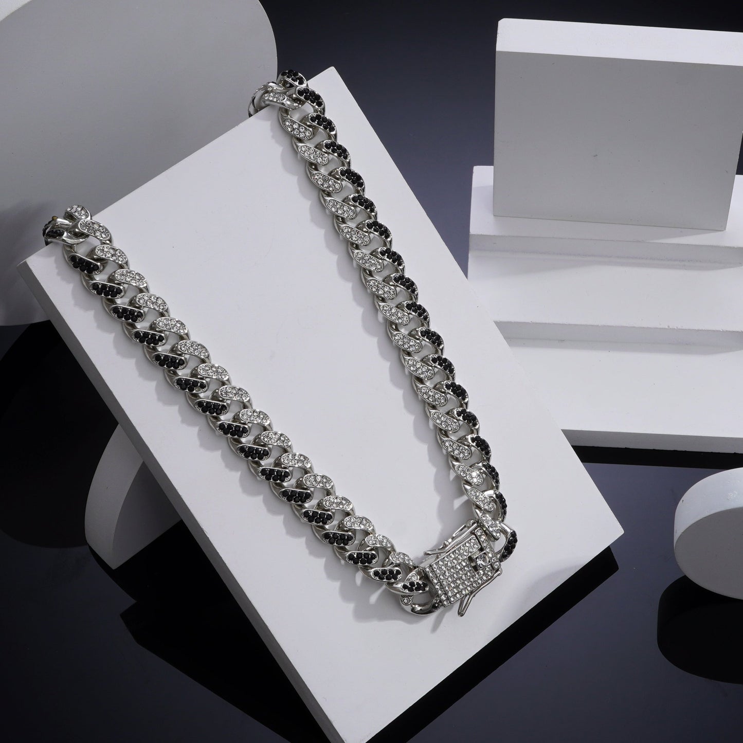 SIGNATURE DIAMOND BLACK SILVER CUBAN CHAIN NECKLACE