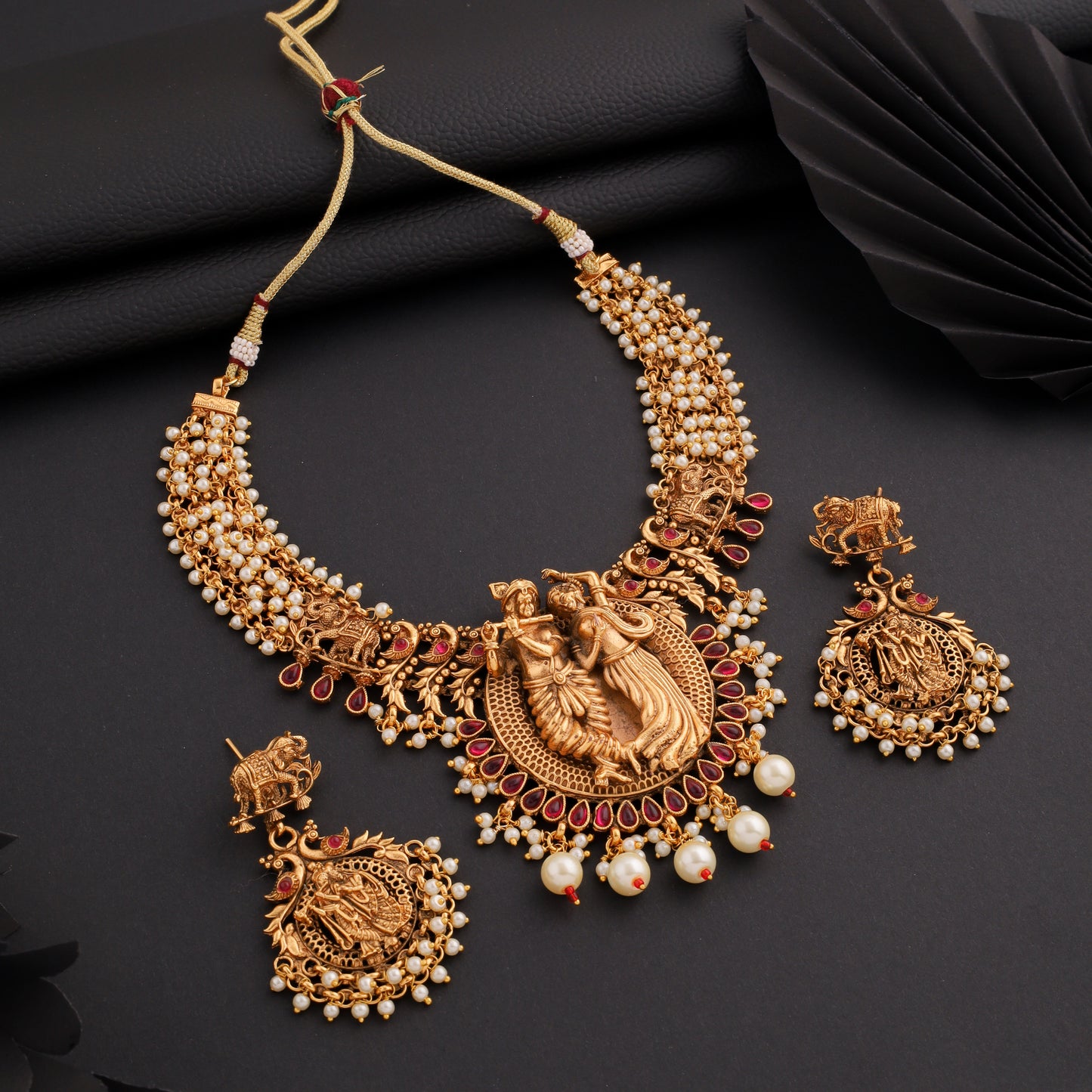 Keshavi White Maroon Stone Temple Jewellery