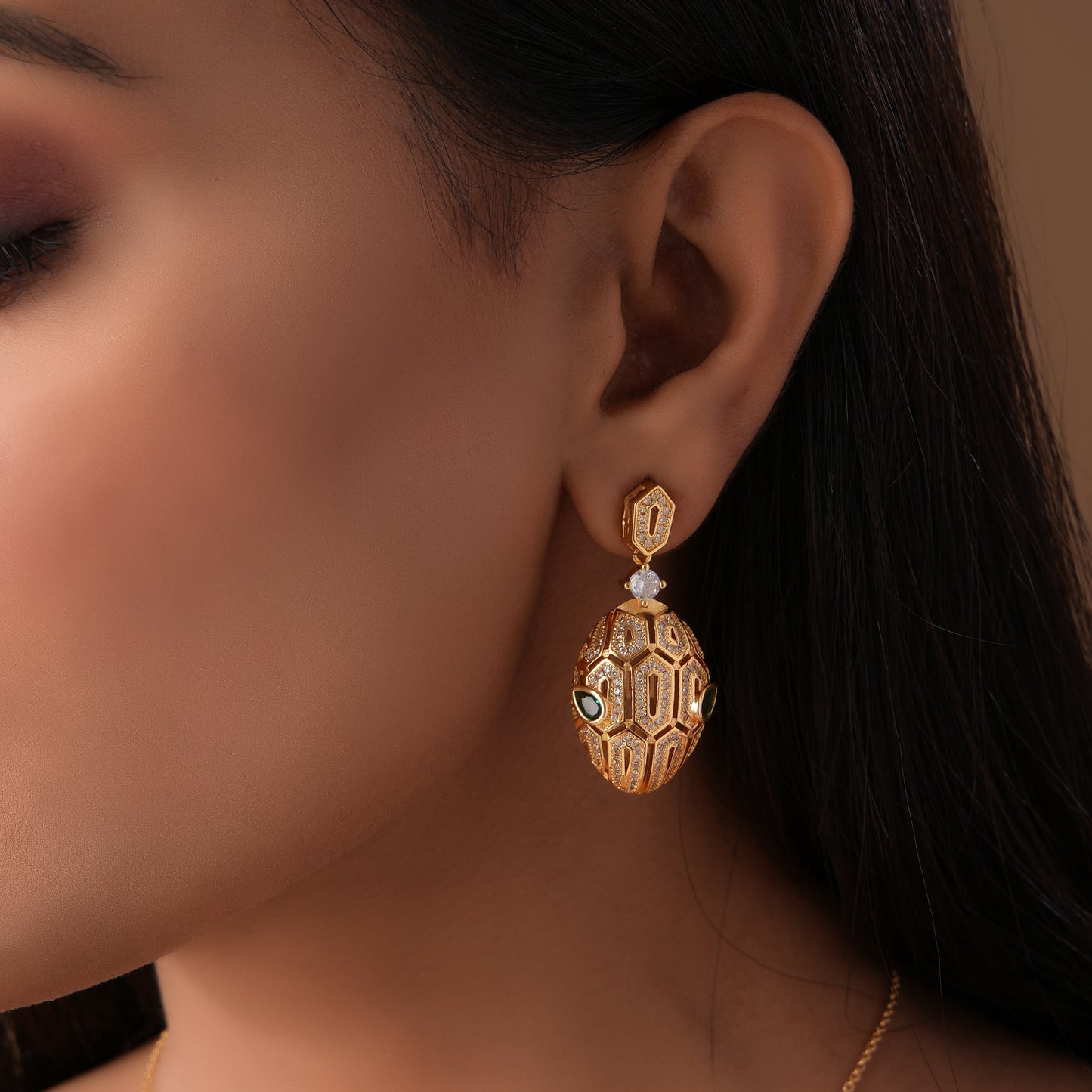 Gold Plated Shark Diamond Pedant Chain With Earrings