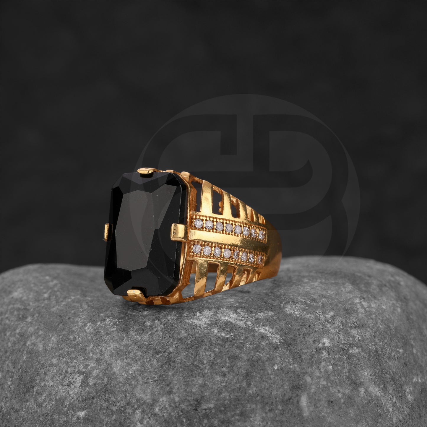 GOLD PLATED BLACK STONE RING GPSR023