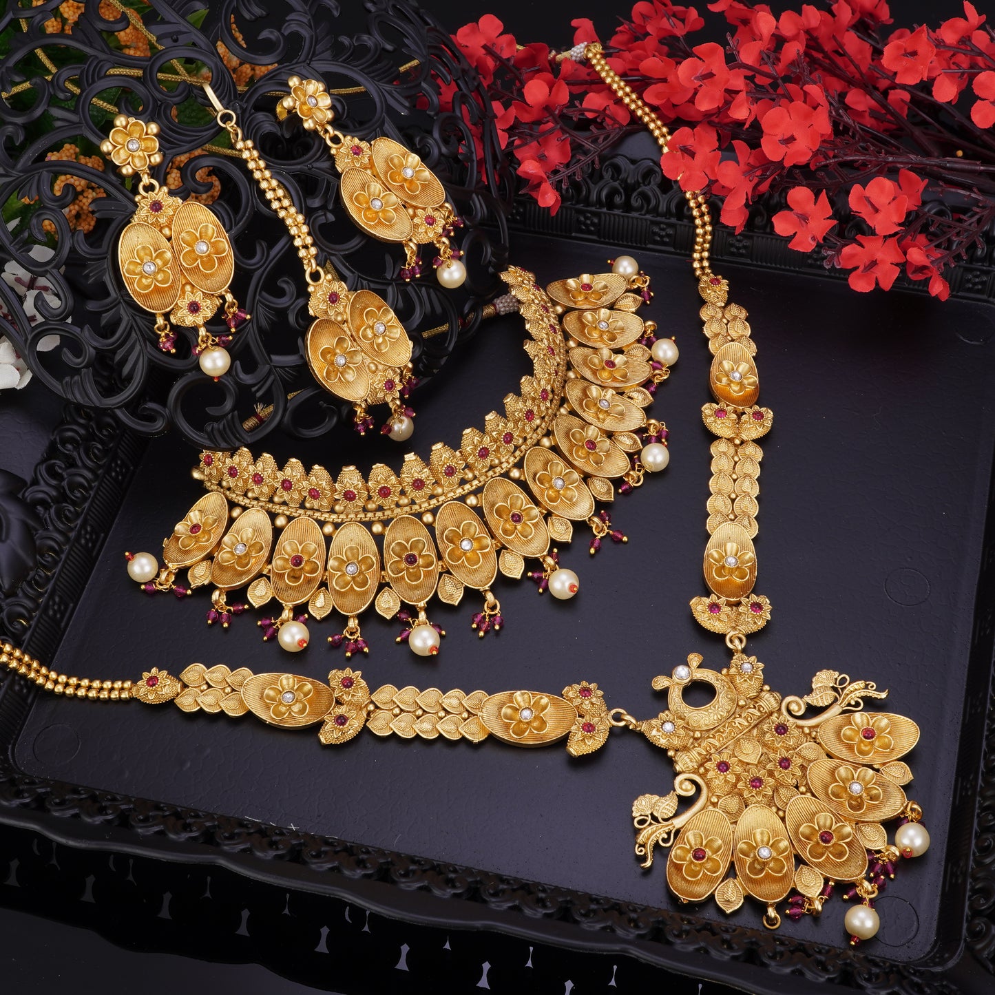 QUEENLY WHITE MAROON STONE BRIDAL JEWELLERY SET
