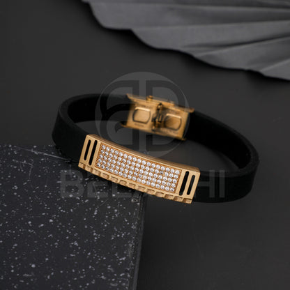 Gold Plated Deadpool With Diamond In Black Silicone Bracelet