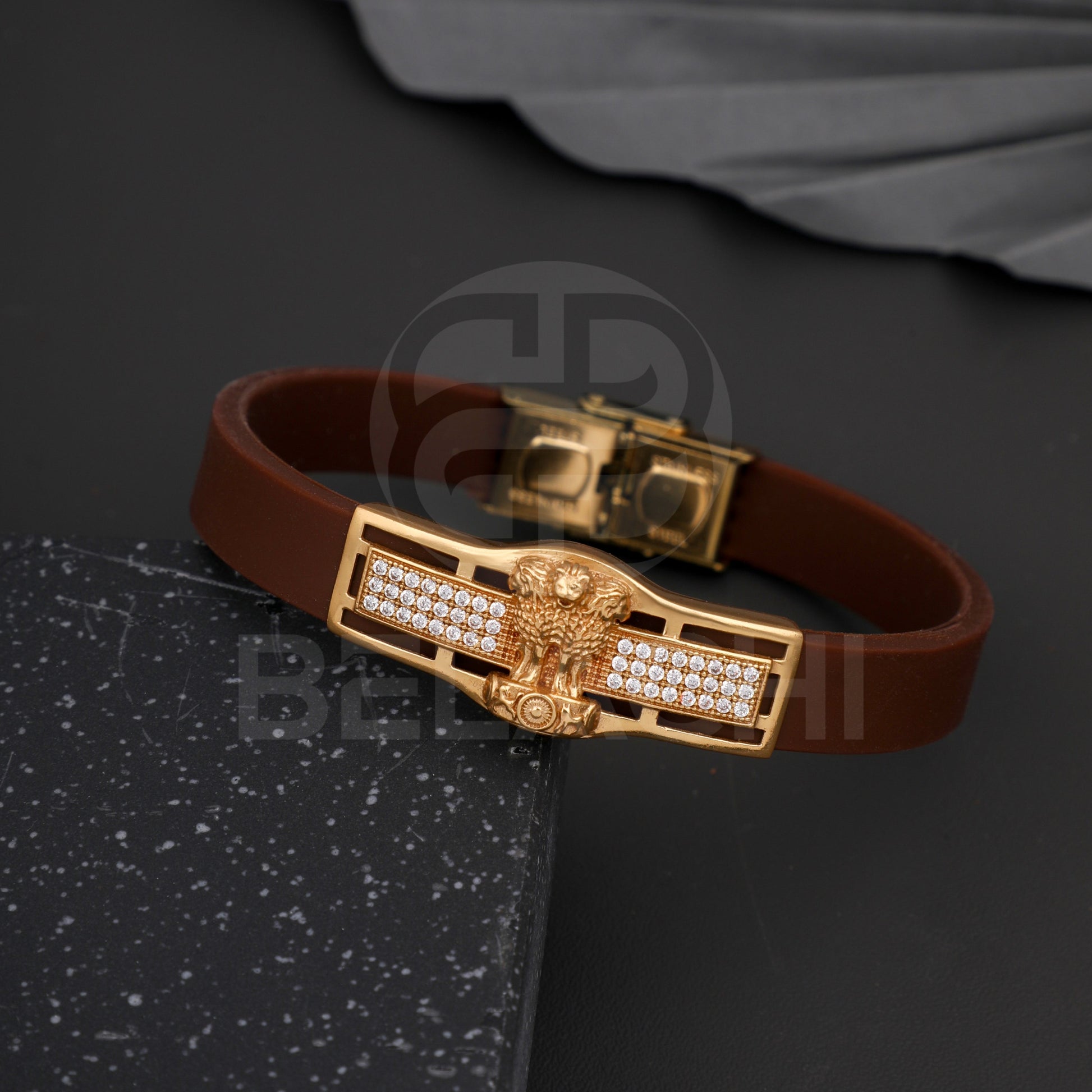 Gold Plated Ashoka With Diamond In Brown Silicone Bracelet