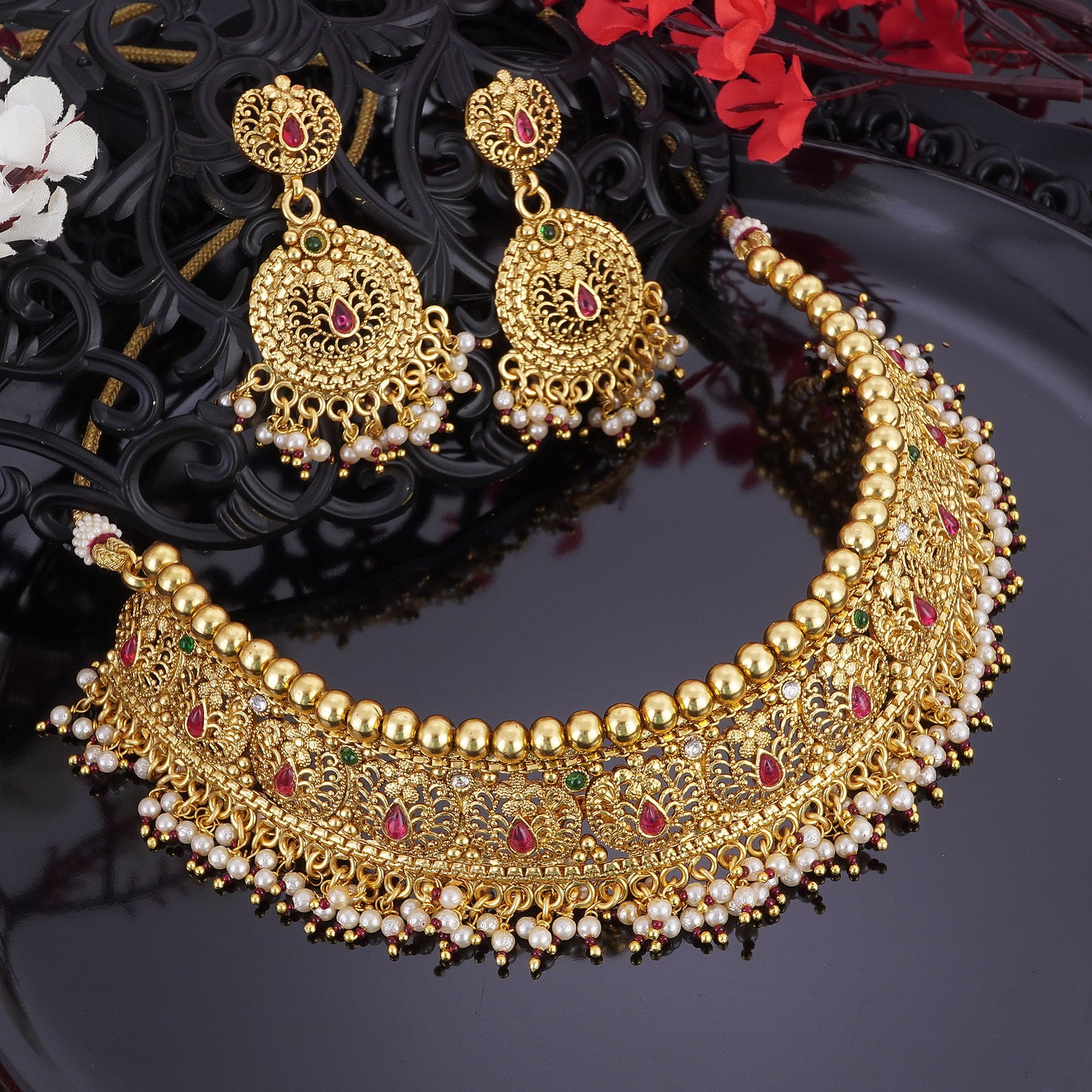 CULTURE WHITE MAROON STONE BRIDAL JEWELLERY