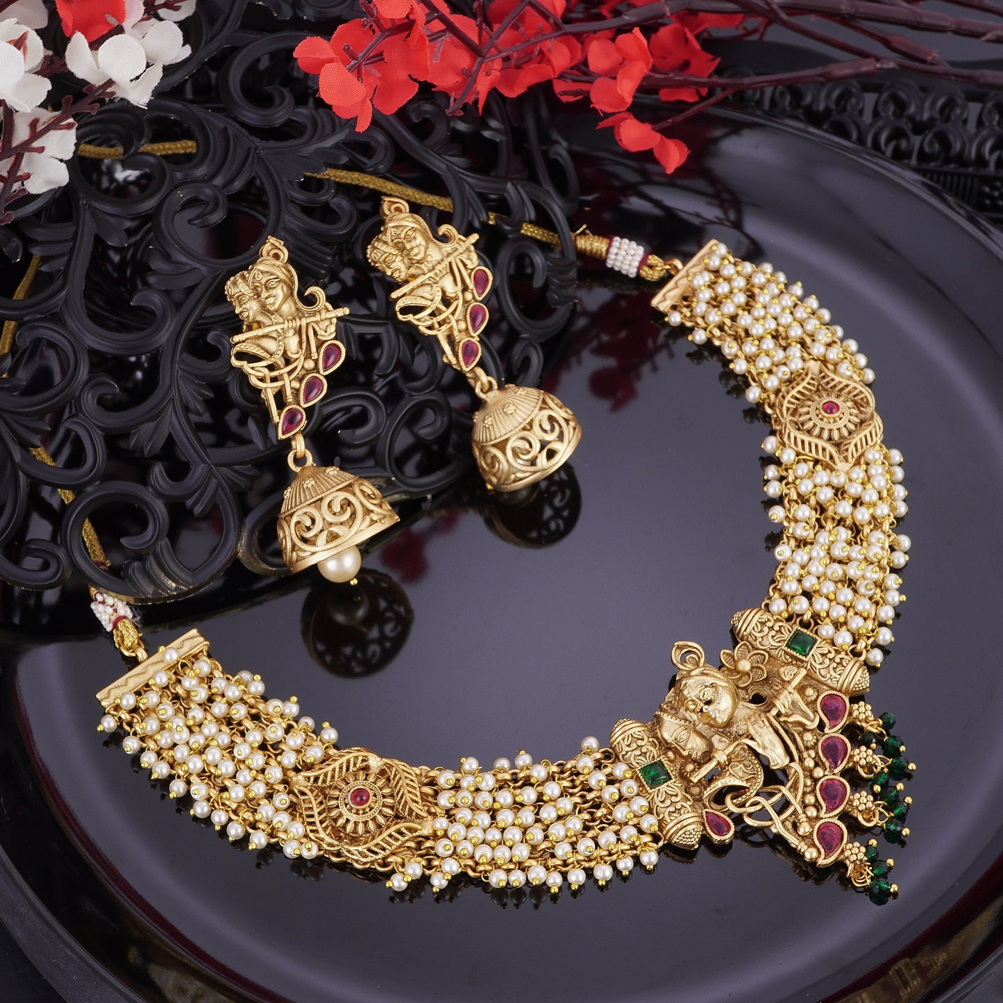 RADHE KRISHNA GREEN MAROON STONE BRIDAL JEWELLERY