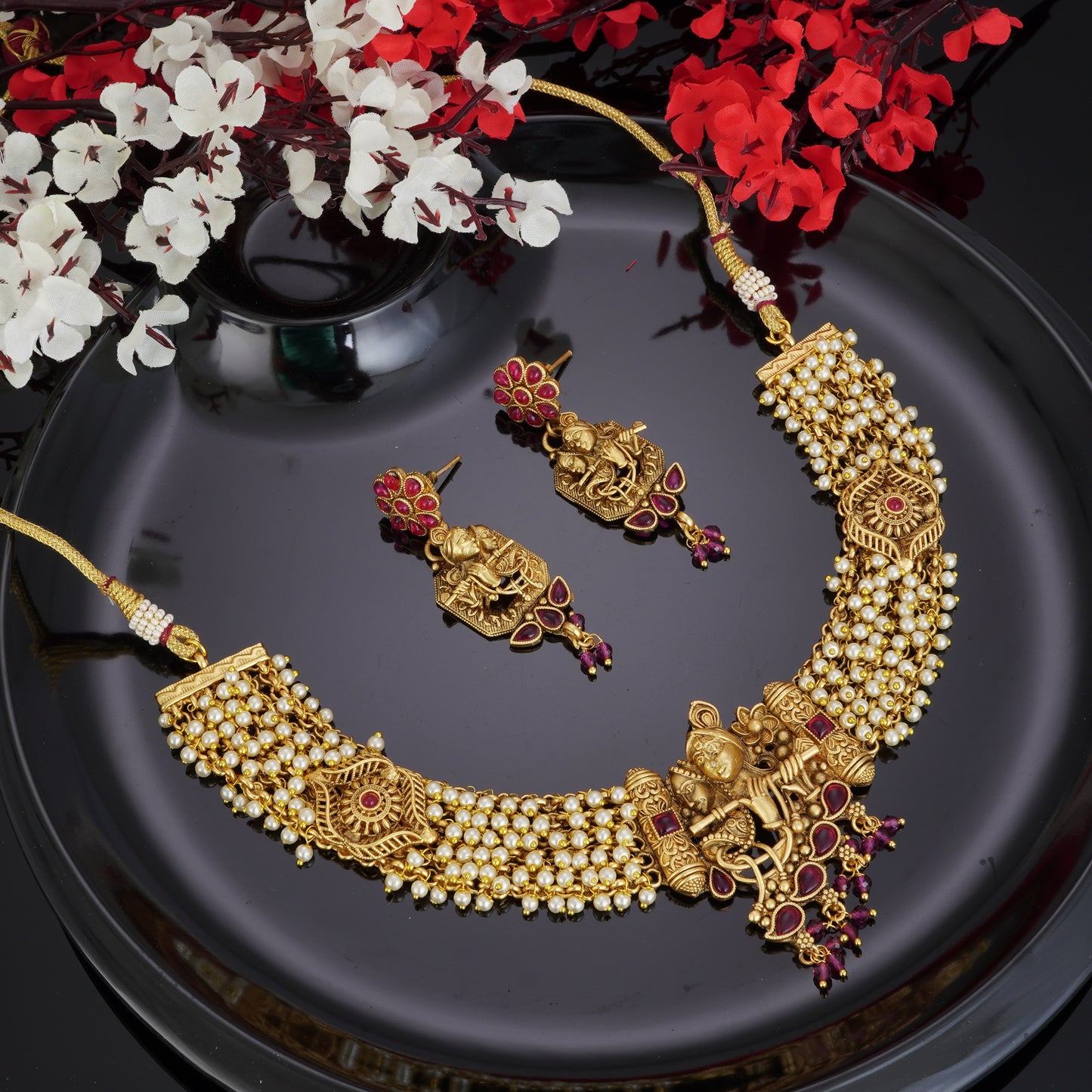 RADHE KRISHNA FULL MAROON STONE BRIDAL JEWELLERY