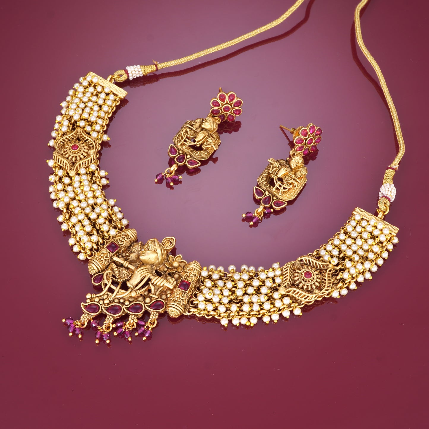 RADHE KRISHNA FULL MAROON STONE BRIDAL JEWELLERY