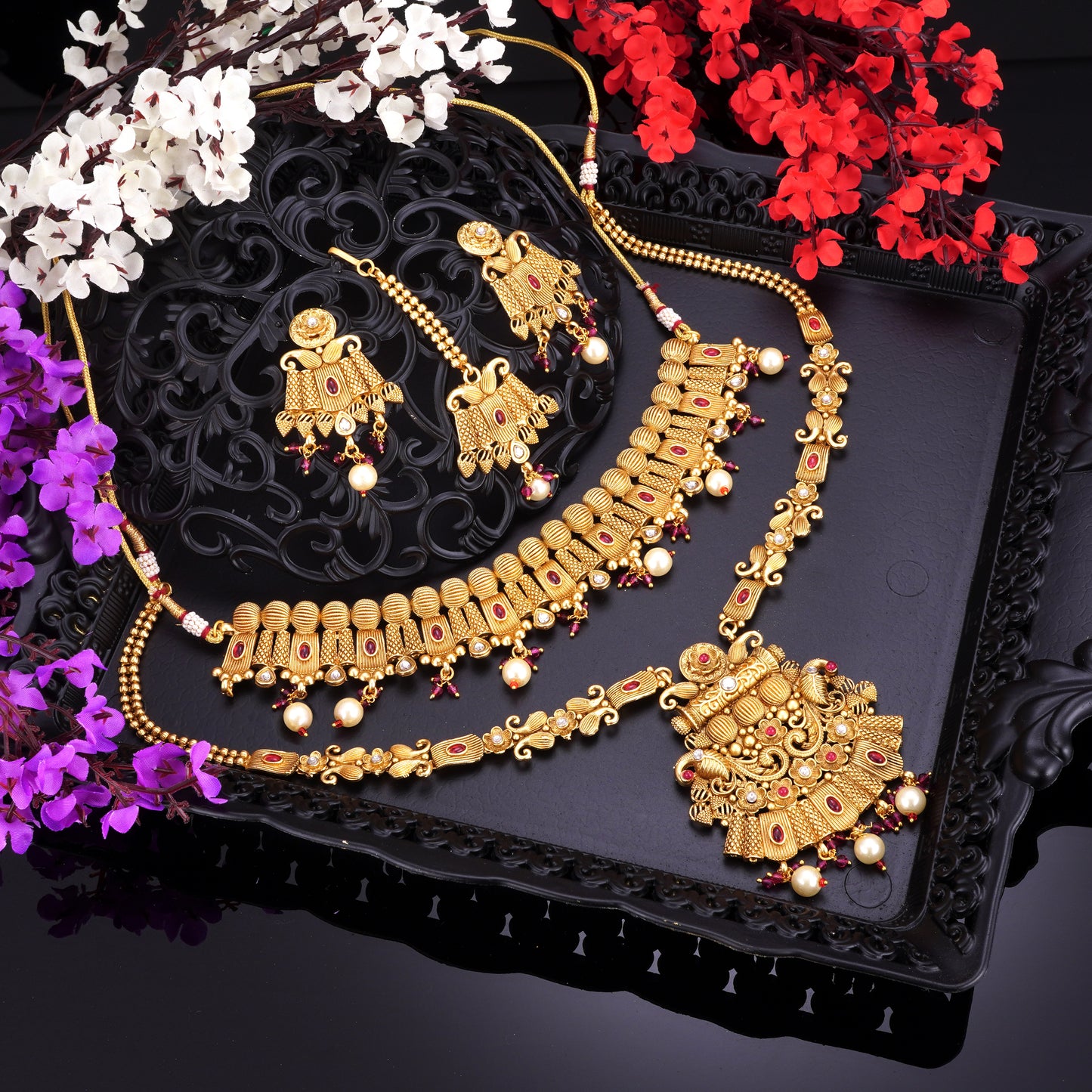 MAJESTIC MAROON STONE BRIDAL JEWELLERY SET