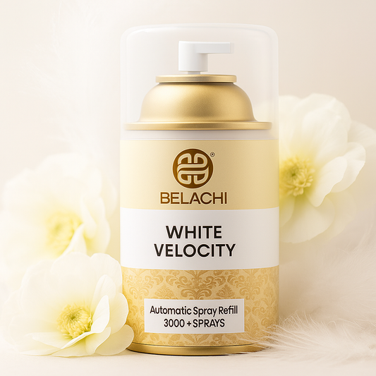 Belachi White Velocity spray refill can with gold and white design on a light background