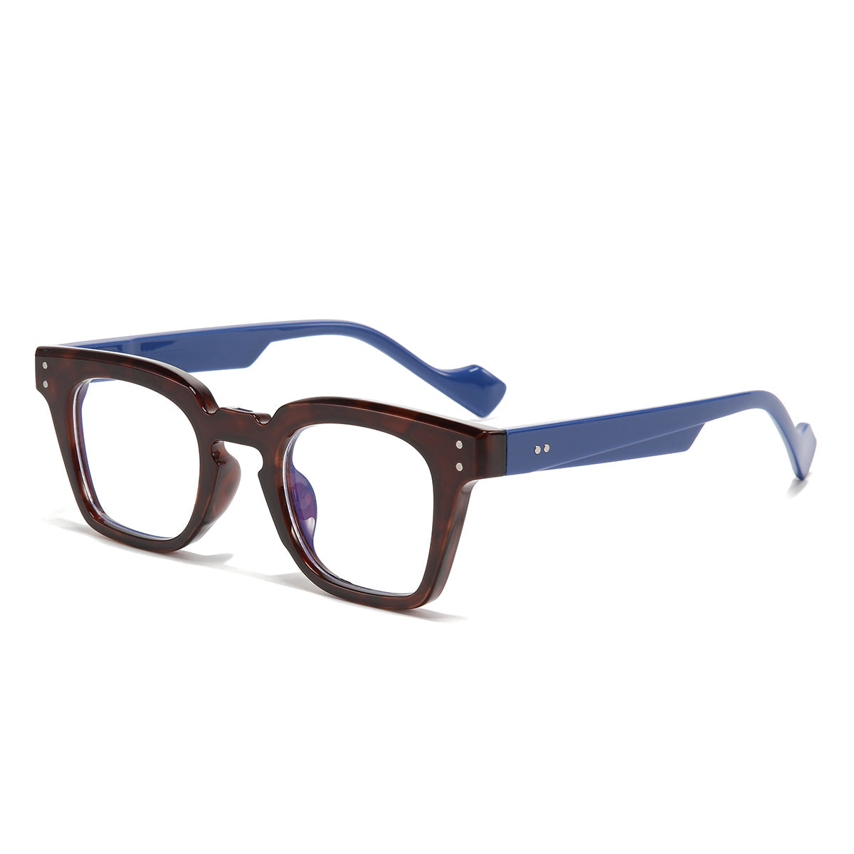 Glasses with brown frame and blue arms on a white background