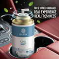 Belachi Cool Mint car air freshener in a car cup holder with text about car and home fragrance.