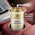 Belachi White Velocity car air freshener can in a car cup holder with 'Car & Home Fragrance' text.