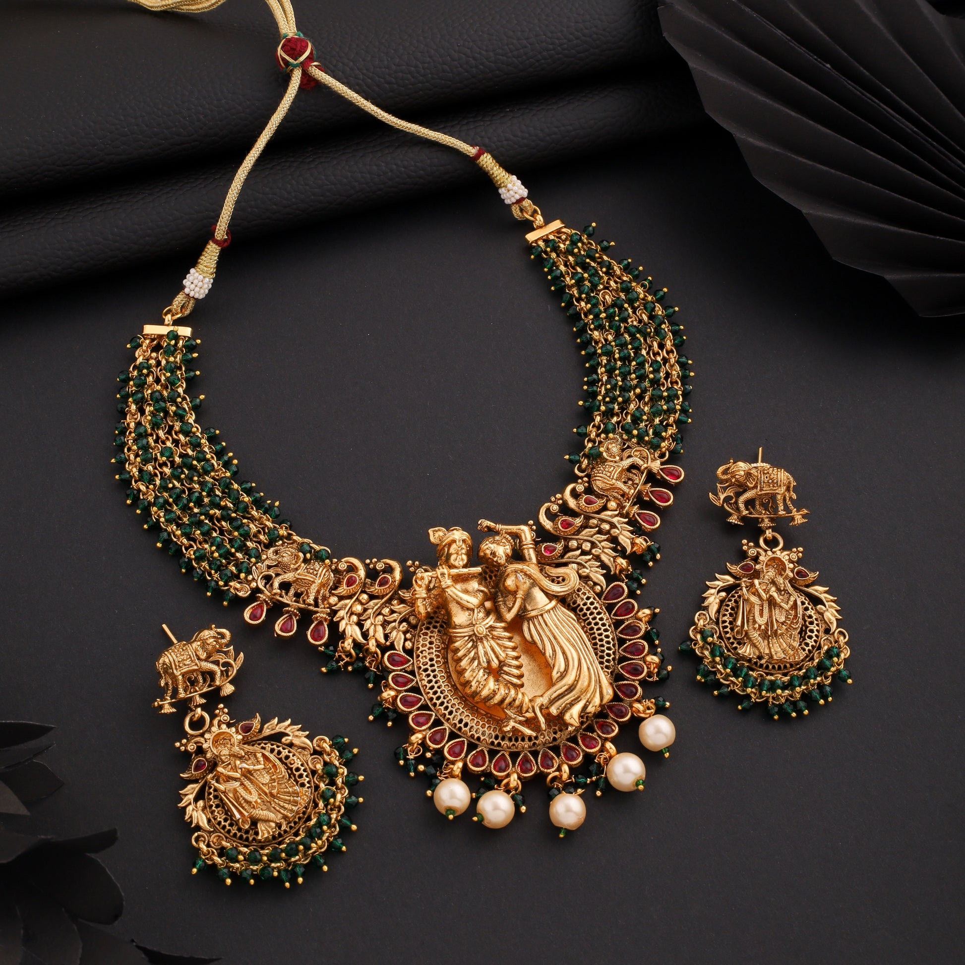 Keshavi Green Maroon Stone Temple Jewellery