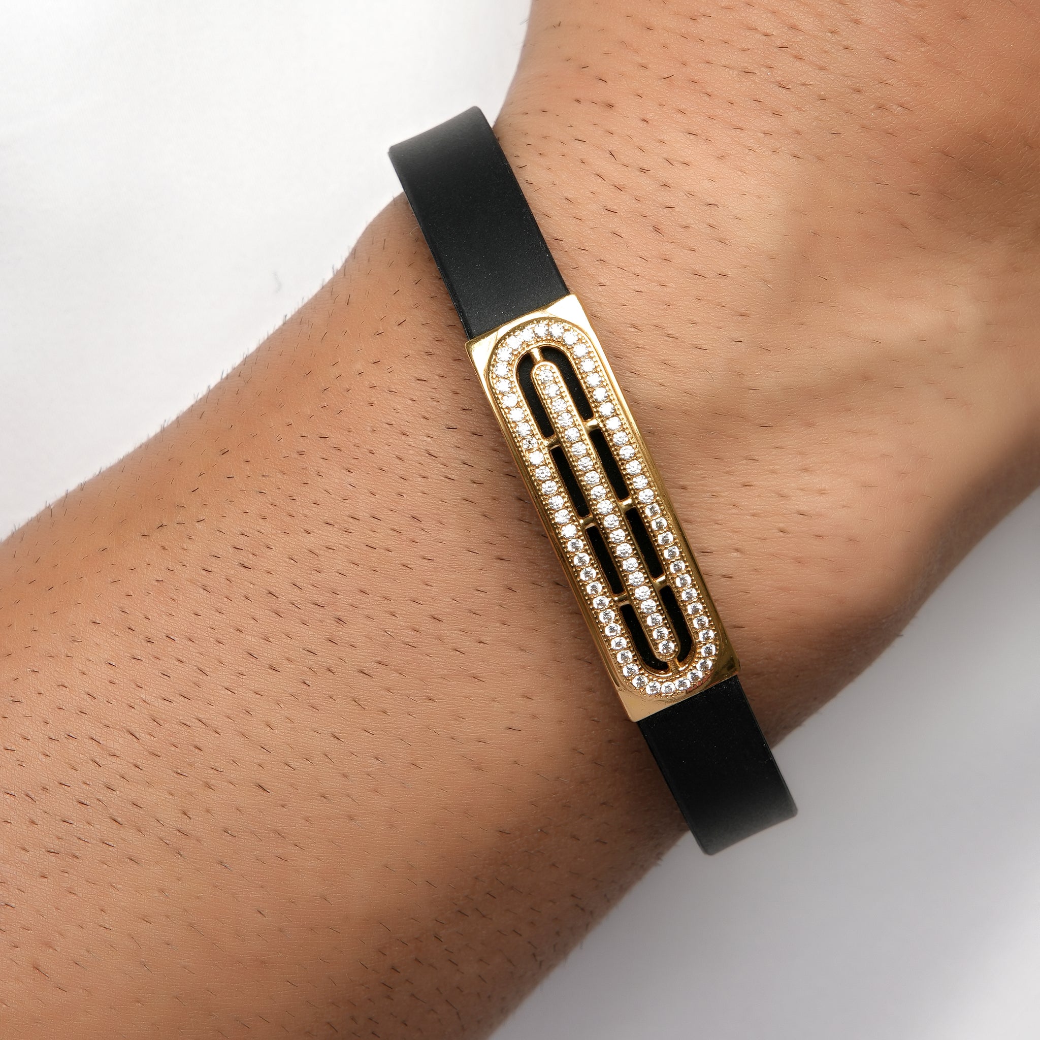 Gold Plated Optic With Diamond In Black Silicone Bracelet