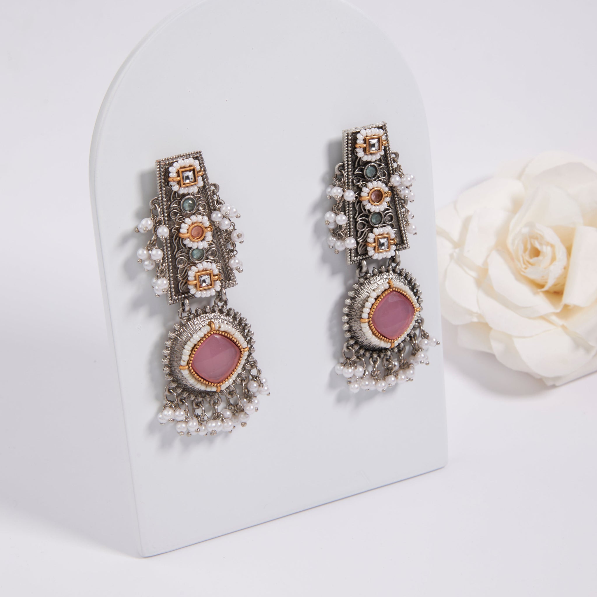 Antique Silver Earrings with Handcrafted Multicolored Artistry