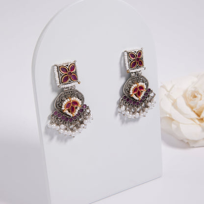 Antique Silver Earrings with Handcrafted Multicolored Artistry