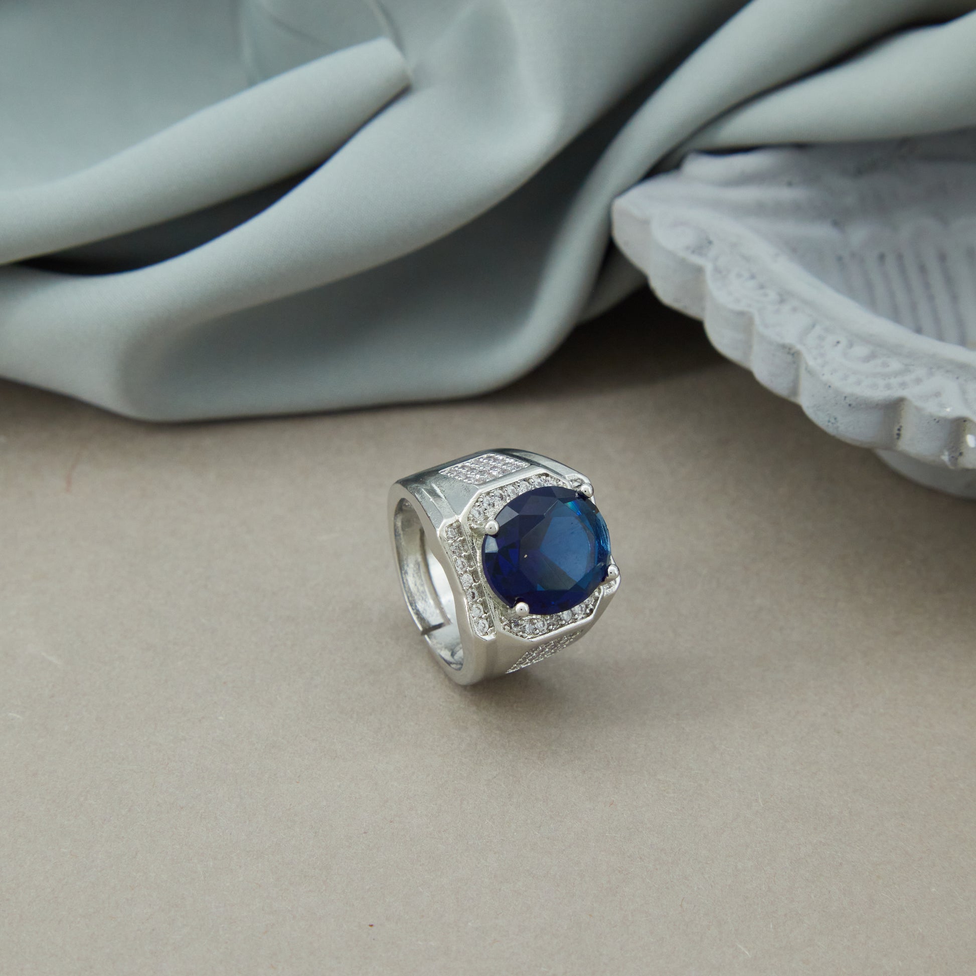 Silver Plated Blue Stone Adujstable Ring SPBSR006