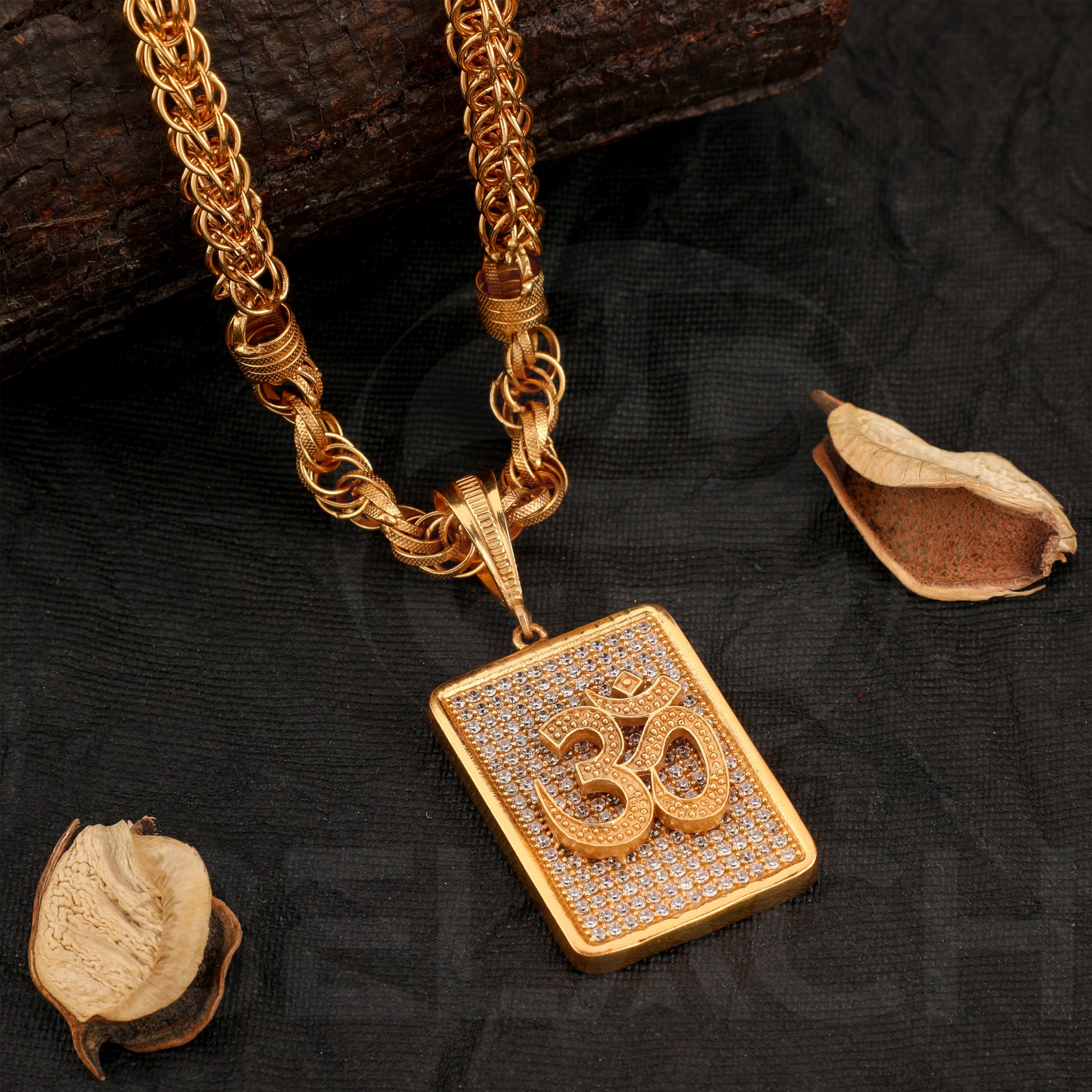 Gold Plated Chain With Rectangle Om Diamond Pendant