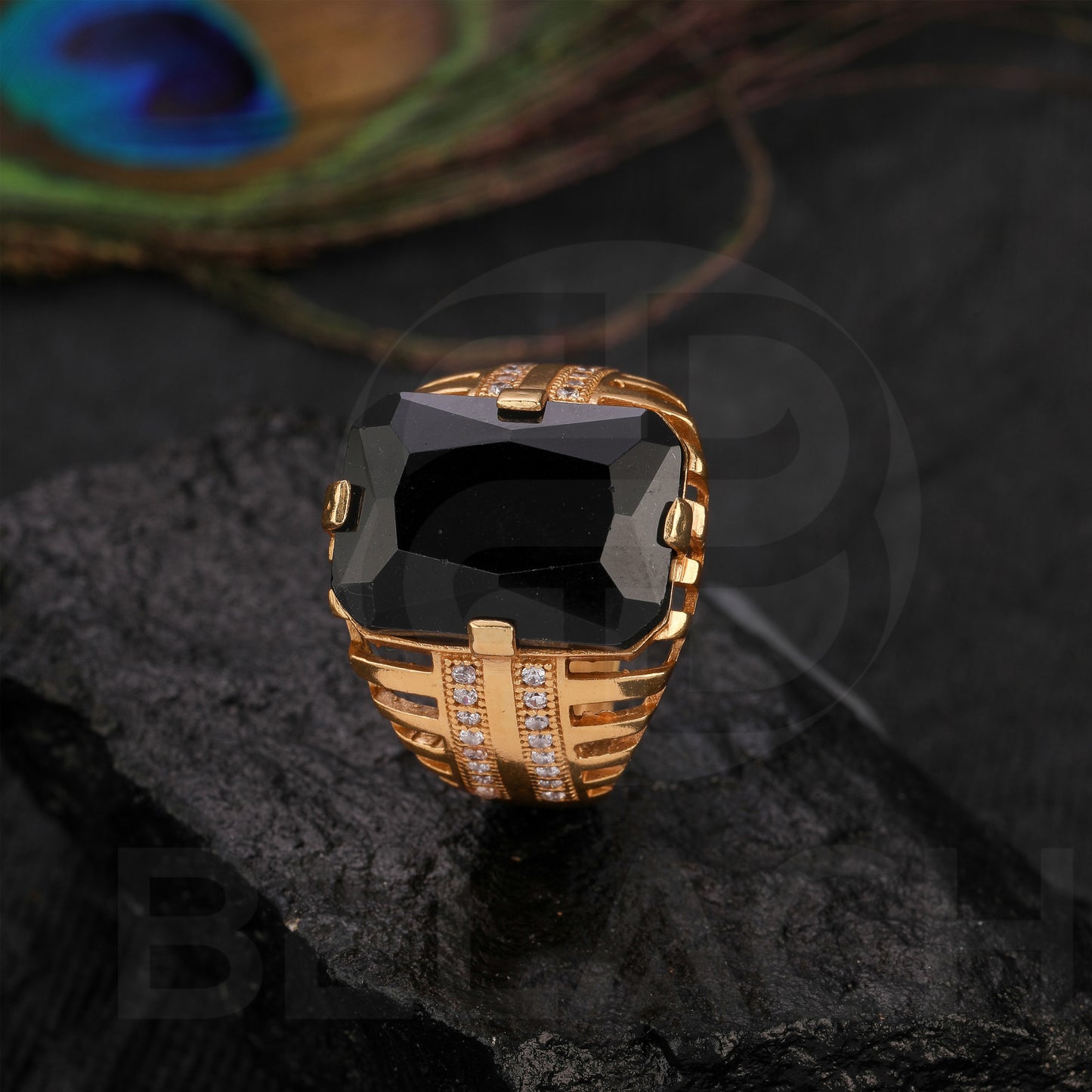 GOLD PLATED BLACK STONE RING GPSR023