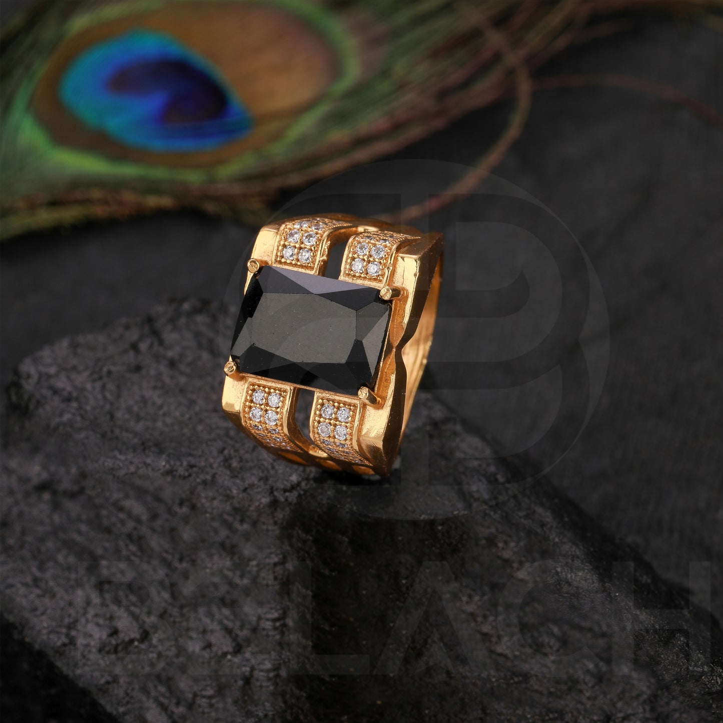 GOLD PLATED BLACK STONE RING GPSR025