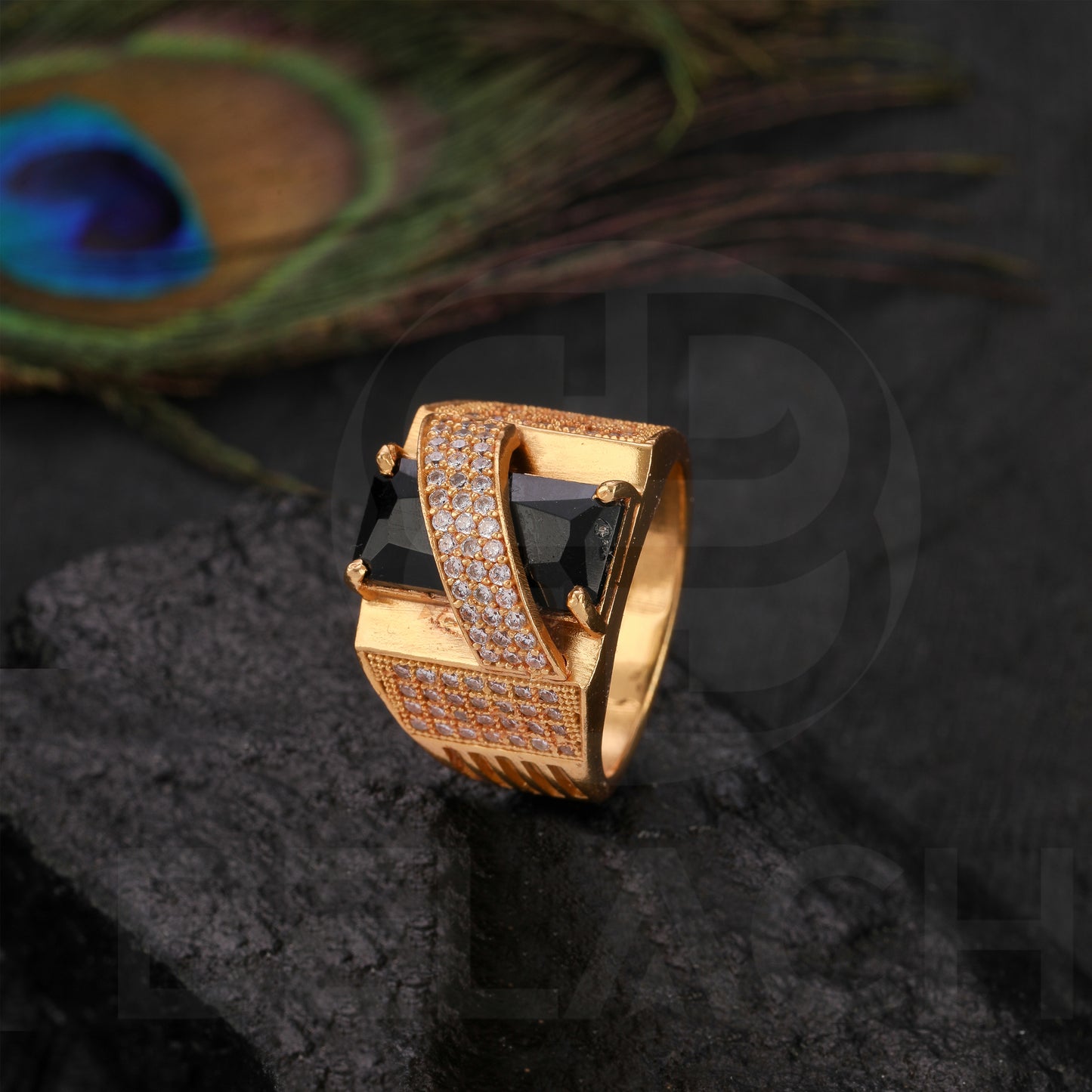 GOLD PLATED BLACK STONE RING GPSR033