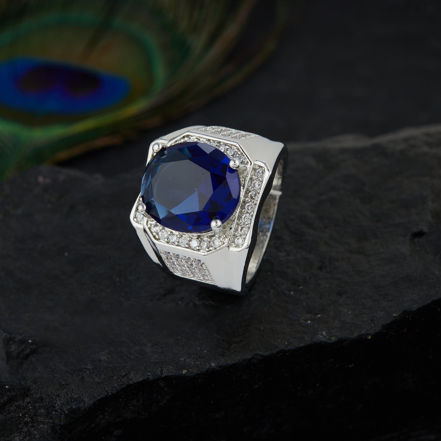 SILVER PLATED BLUE STONE ADJUSTABLE RING SPBSR006
