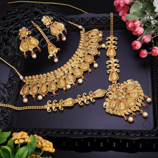 Ornate White Maroon Stone Bridal Jewellery Set