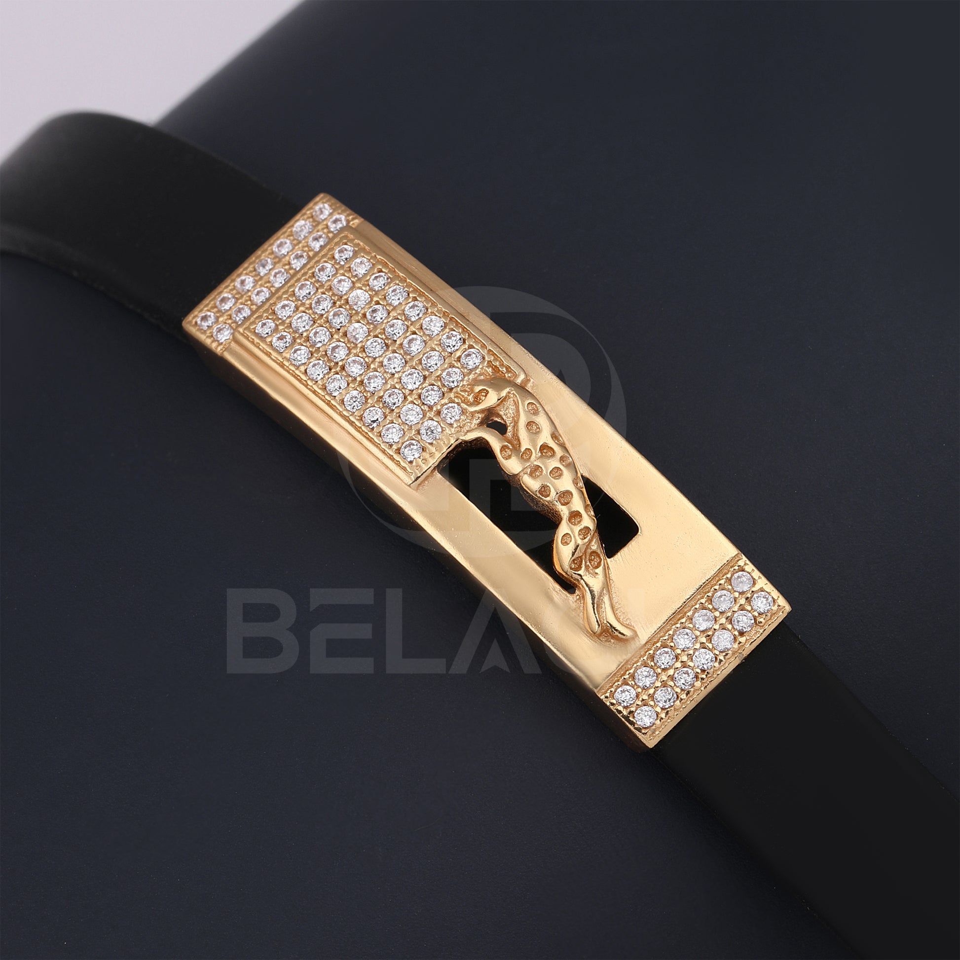 Gold Plated Wildcat With Diamond In Black Silicone Bracelet