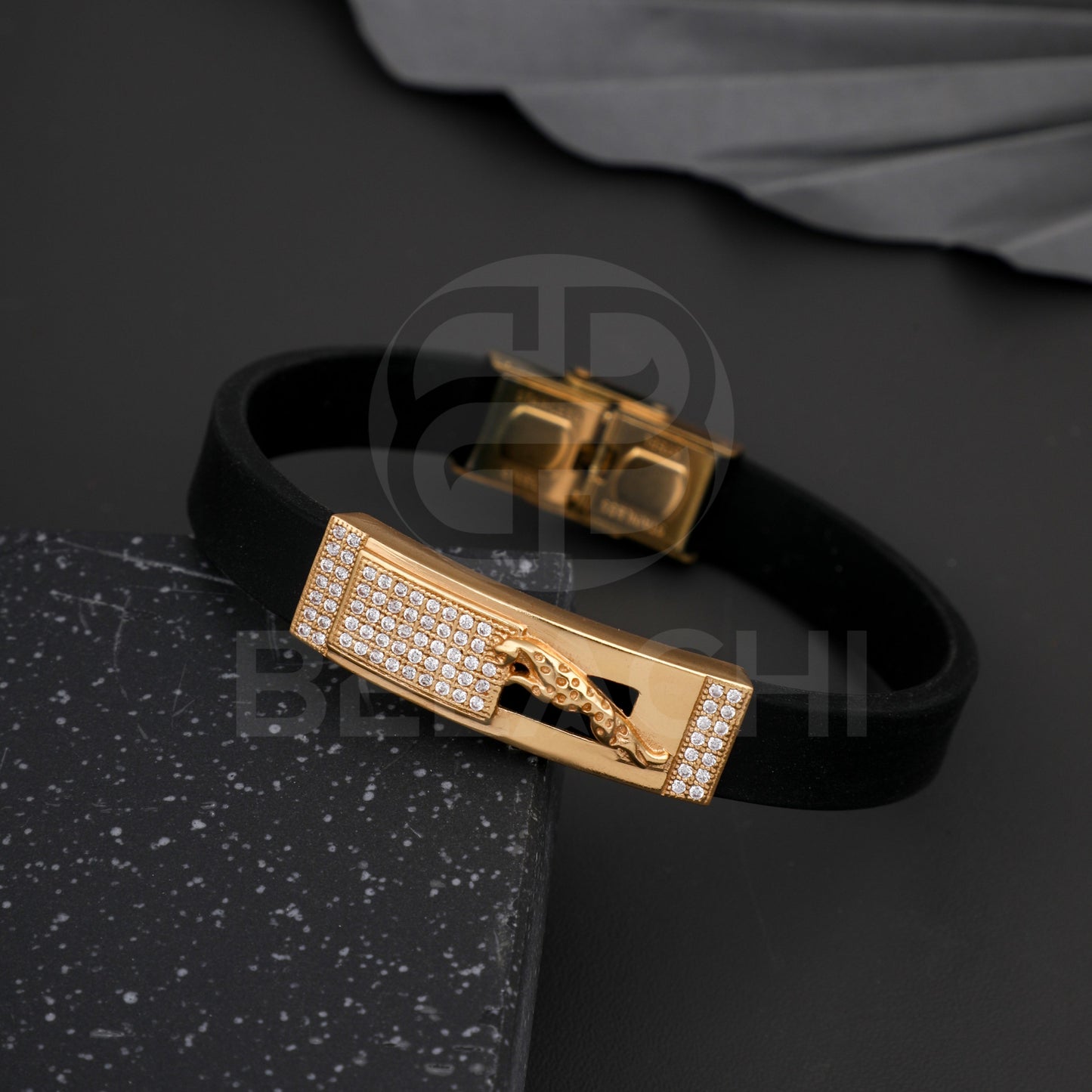 GOLD PLATED WILDCAT WITH DIAMOND IN BLACK SILICONE BRACELET