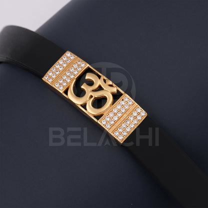 GOLD PLATED OM WITH DIAMOND IN BLACK SILICONE BRACELET