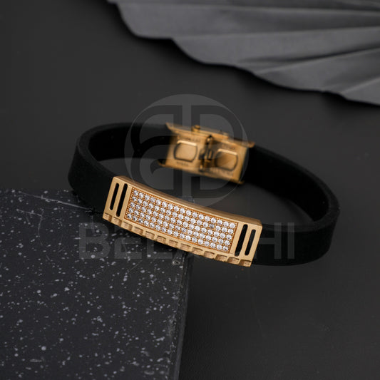 GOLD PLATED DEADPOOL WITH DIAMOND IN BLACK SILICONE BRACELET