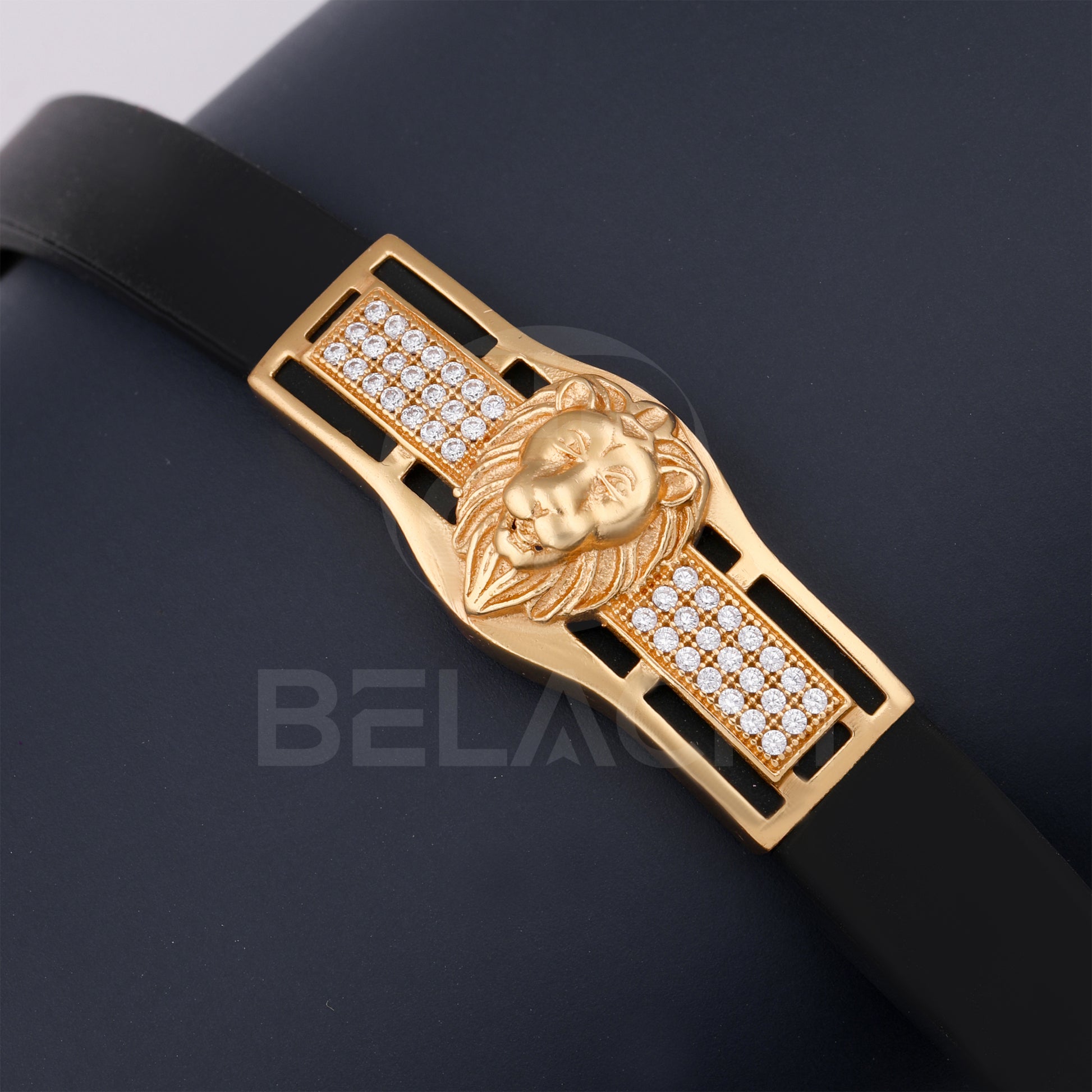 Gold Plated Simba With Diamond In Black Silicone Bracelet