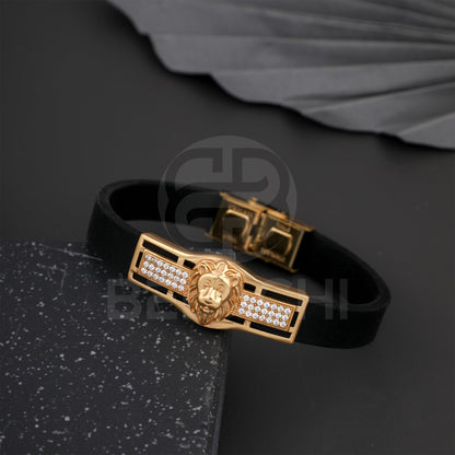 GOLD PLATED SIMBA WITH DIAMOND IN BLACK SILICONE BRACELET