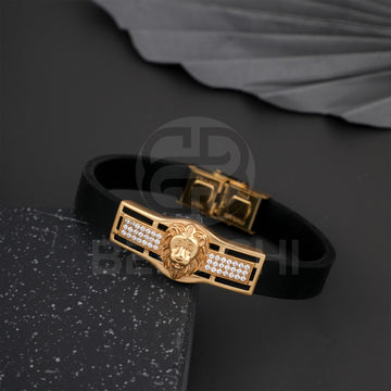 Gold Plated Simba With Diamond In Black Silicone Bracelet