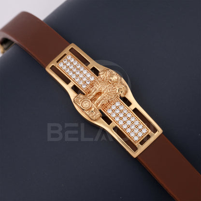 GOLD PLATED ASHOKA WITH DIAMOND IN BROWN SILICONE BRACELET