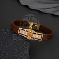 Gold Plated Ashoka With Diamond In Brown Silicone Bracelet