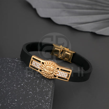 GOLD PLATED BHASKARA WITH DIAMOND IN BLACK SILICONE BRACELET