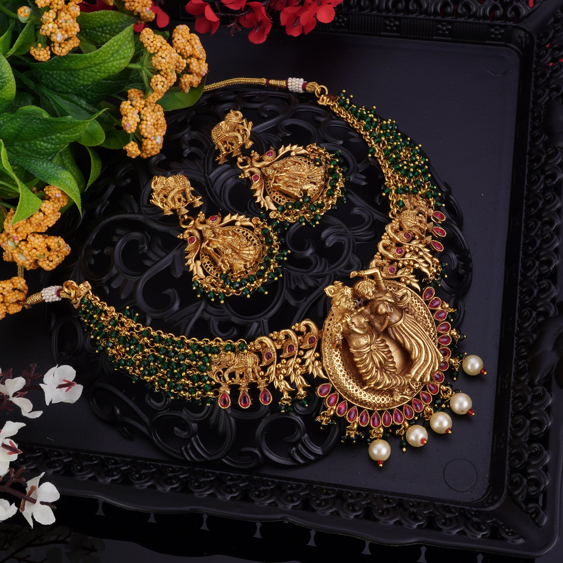 Keshavi Green Maroon Stone Temple Jewellery