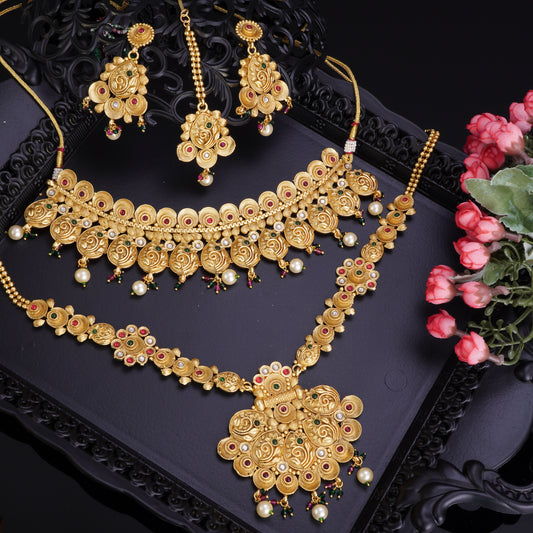 Elegant Green Maroon Stone Bridal Jewellery Set