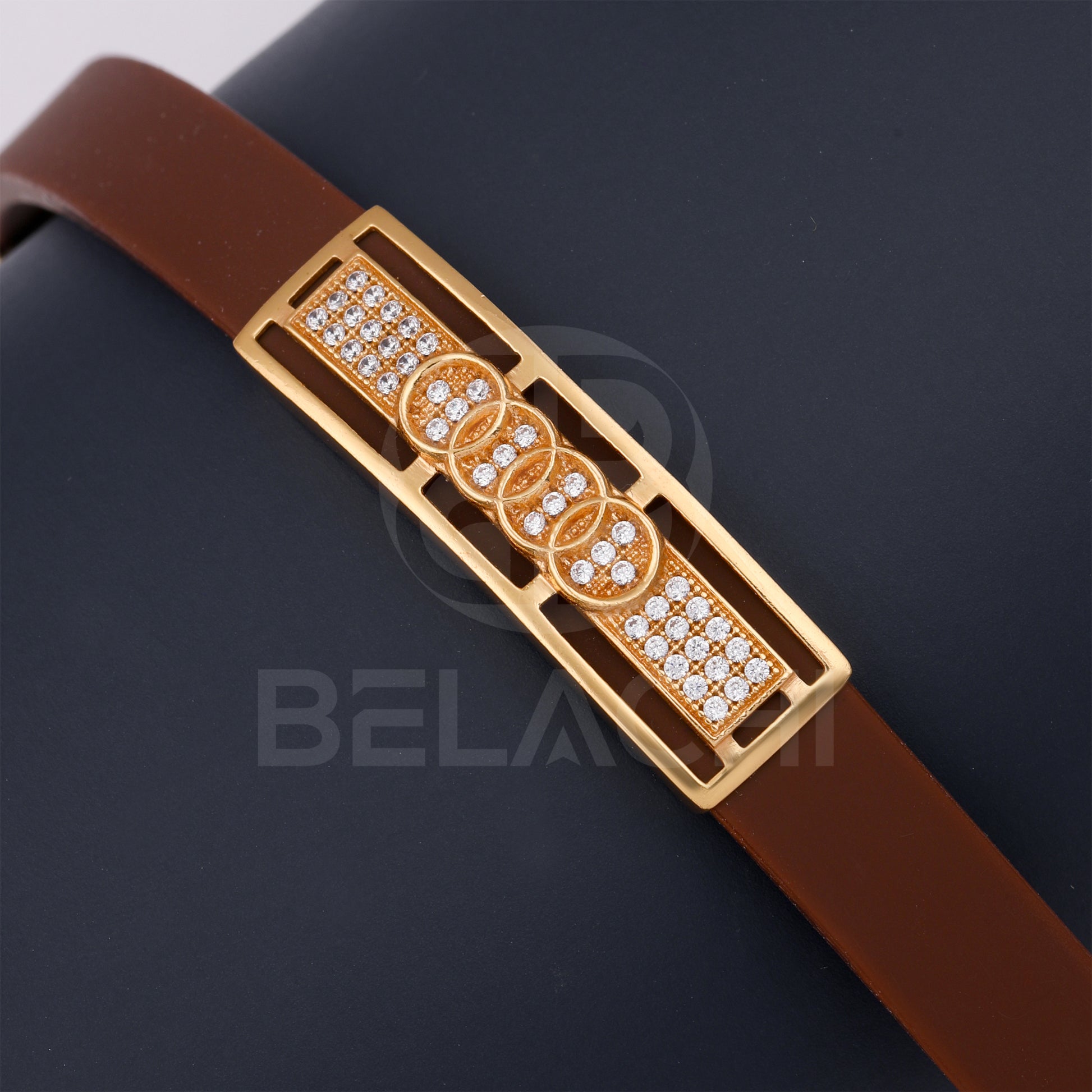 Gold Plated Diogo With Diamond In Brown Silicone Bracelet