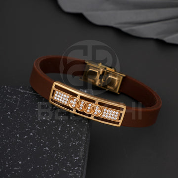 Gold Plated Diogo With Diamond In Brown Silicone Bracelet