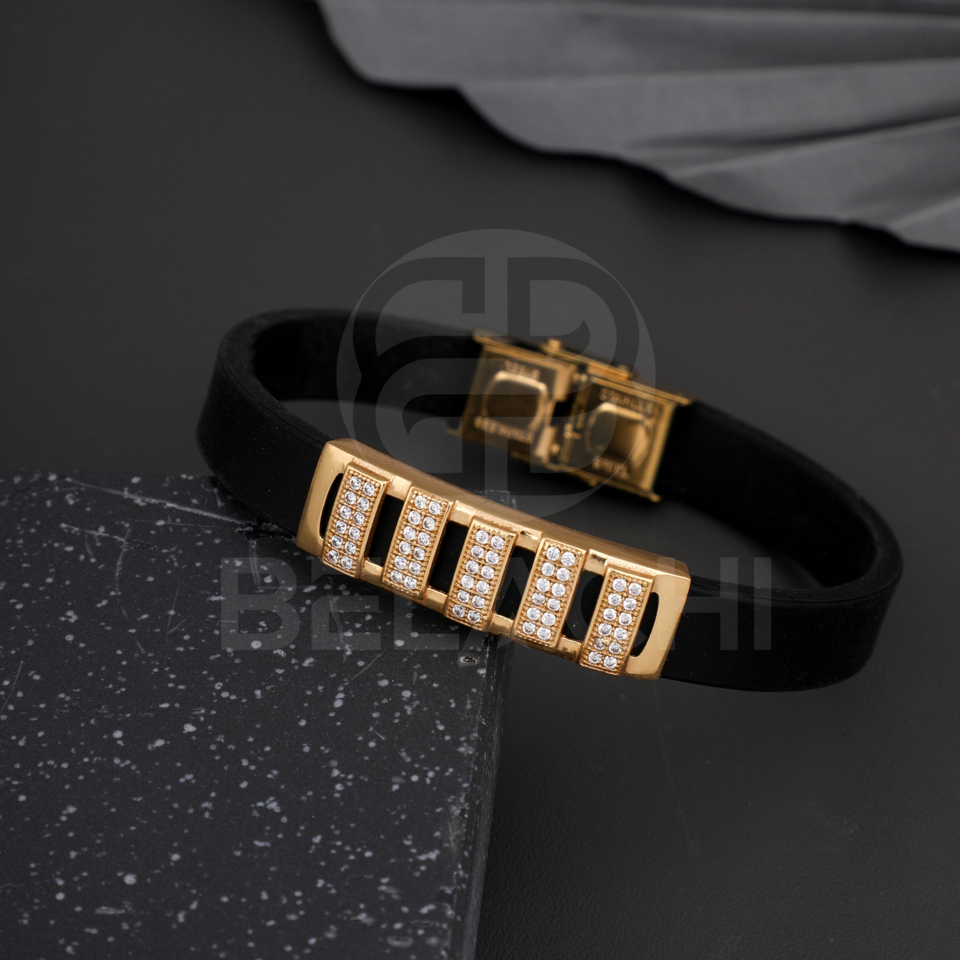 Gold Plated Morbius With Diamond In Black Silicone Bracelet
