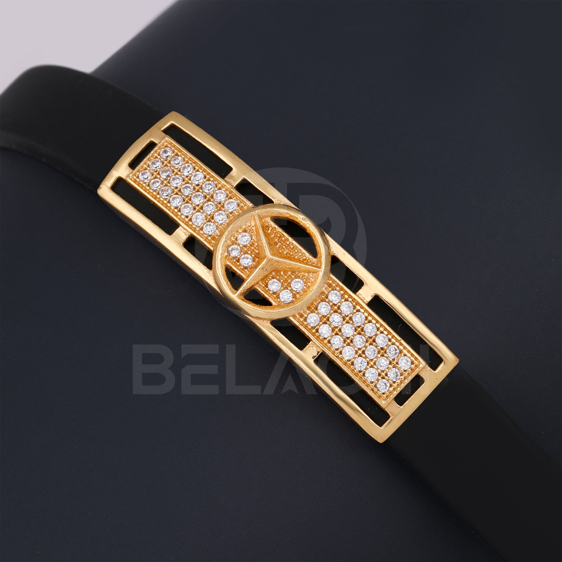 Gold Plated Benz With Diamond In Black Silicone Bracelet