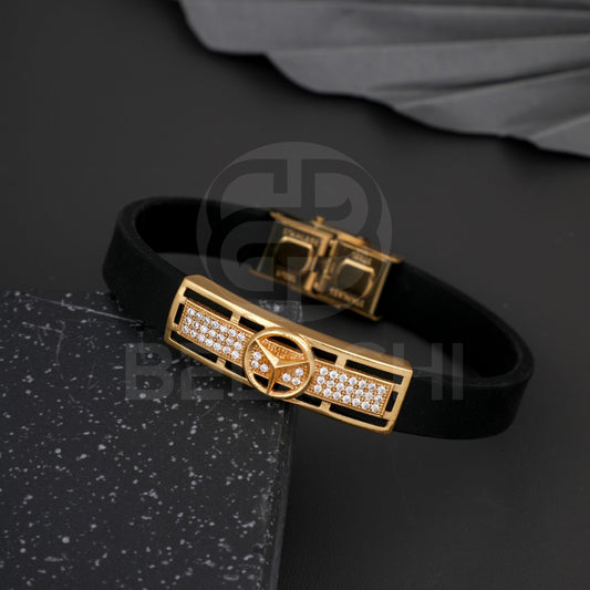 GOLD PLATED BENZ WITH DIAMOND IN BLACK SILICONE BRACELET