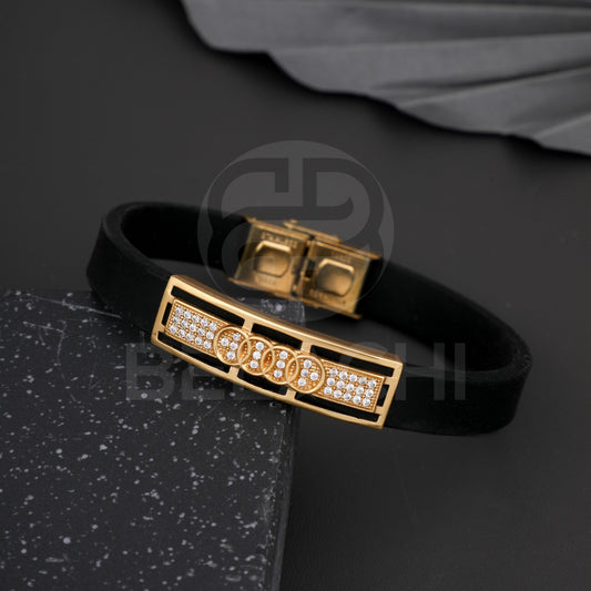 GOLD PLATED DIOGO WITH DIAMOND IN BLACK SILICONE BRACELET