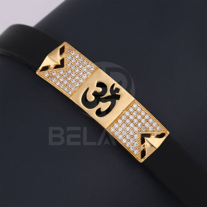 GOLD PLATED TRISHULA WITH DIAMOND IN BLACK SILICONE BRACELET