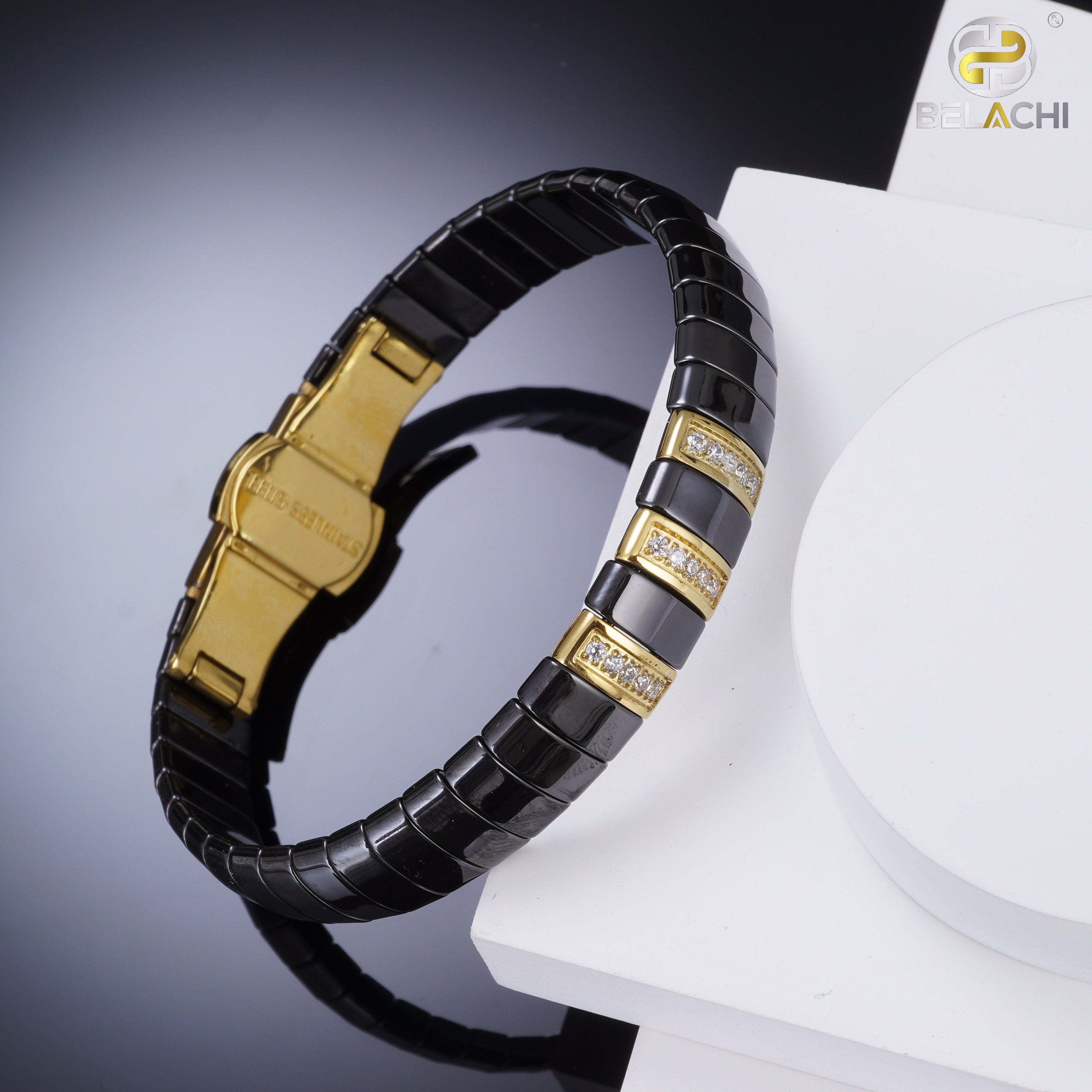Platinum & Rose Gold Black Band Bracelet for Men - Flexible JL PTB 108